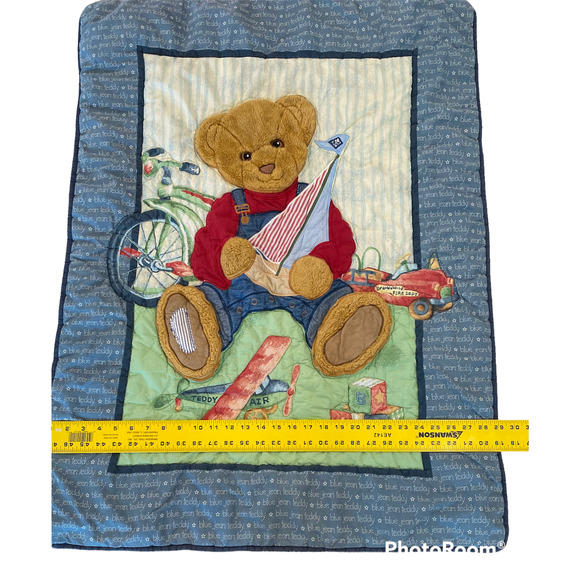 BJT Blue Jean Teddy Bear Overalls Boy Bike Boat Plane Plush Baby Blanket Vtg - Picture 3 of 5